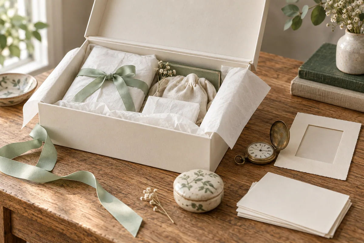 An archival box, pocket watch, ceramic keepsake and blank photograph mount.