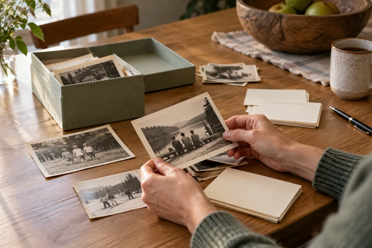 Hands sorting family photographs beside an archival box and blank record cards.